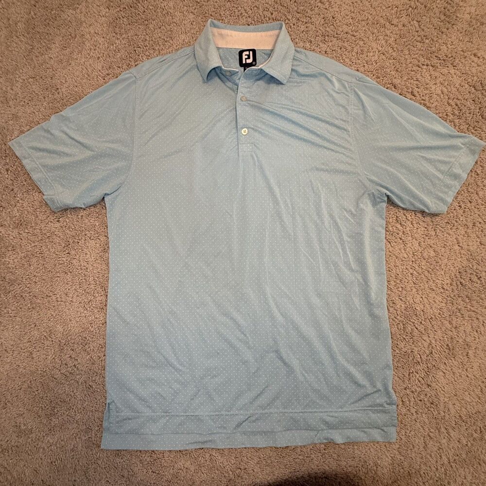 Footjoy FJ Sky Blue Polka Dot Print Performance Golf Polo Shirt Size L